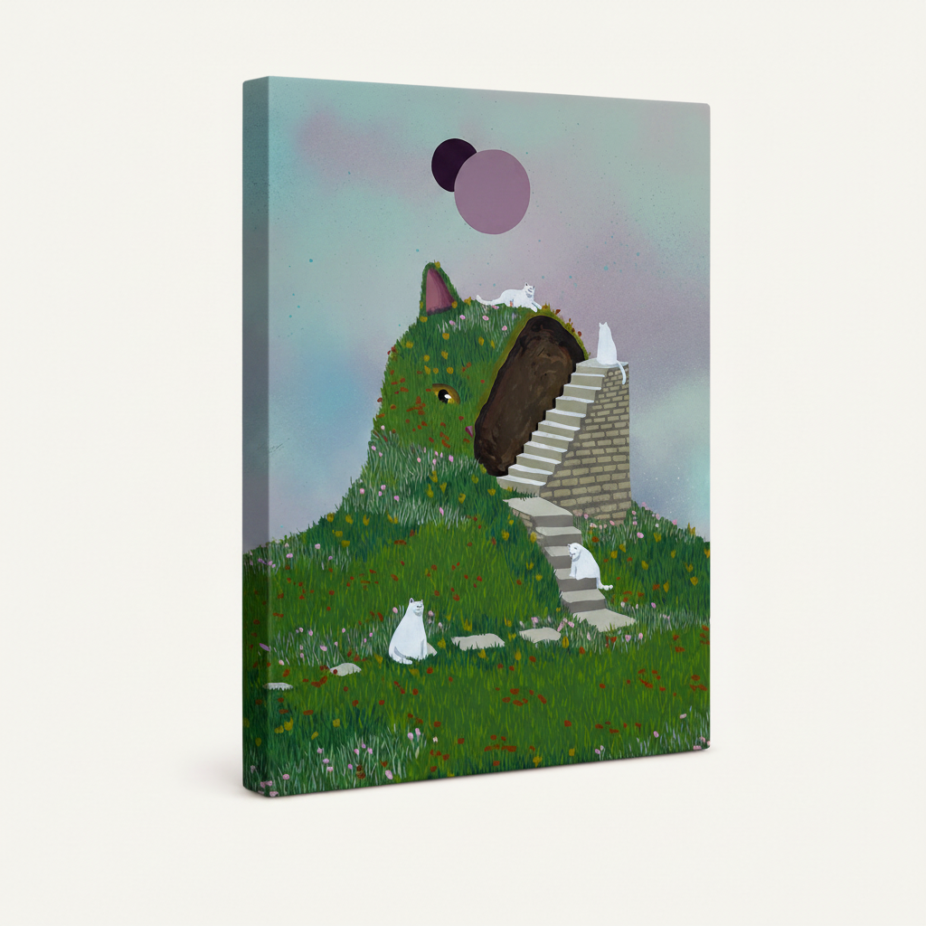 Stretched gallery wrap canvas featuring whimsical cat hill illustration, white cats and twin moons
