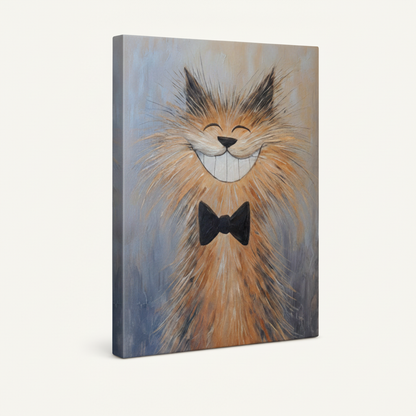 Whimsical cat canvas gallery wrap, blue-grey sides, angled view on white background