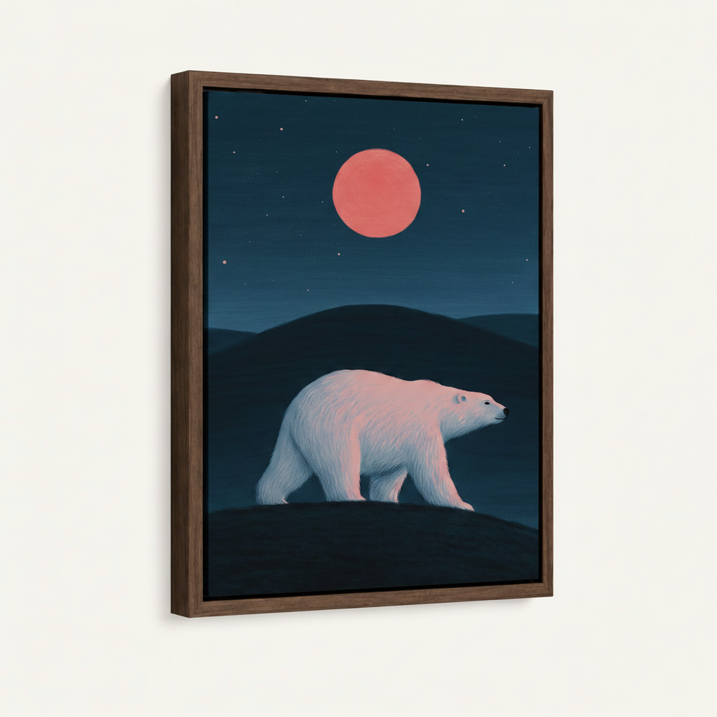 Polar bear red moon minimalist canvas in dark walnut float frame on white background mockup