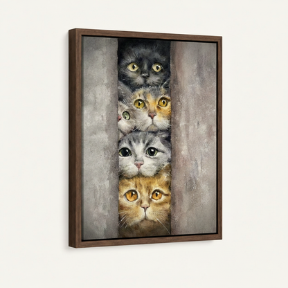 Floating frame canvas wall art featuring four curious cats peeking through curtain gap, product view