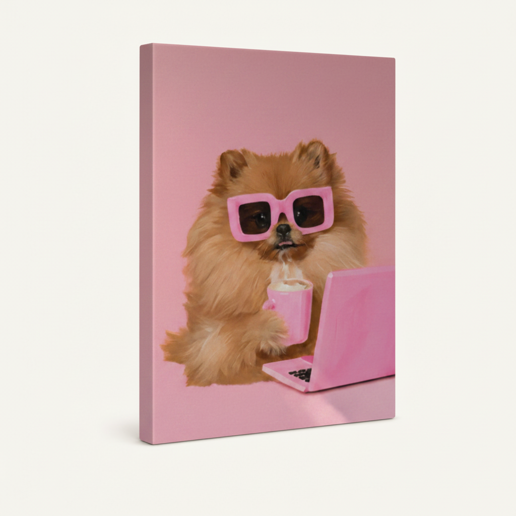 Stretched canvas cute dog wall art with solid pink background wrap displayed on white background