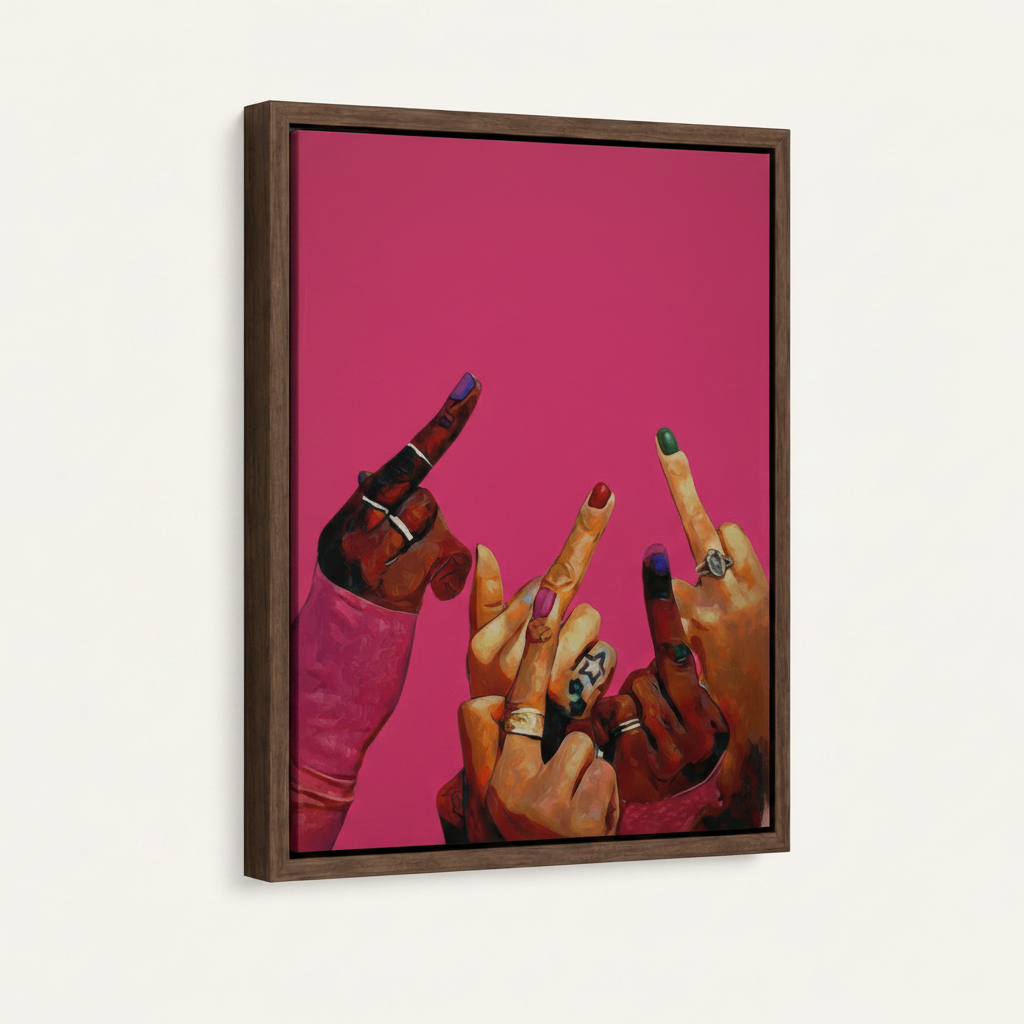 Hands pointing up oil painting in dark walnut float frame, front-facing product photography on white background