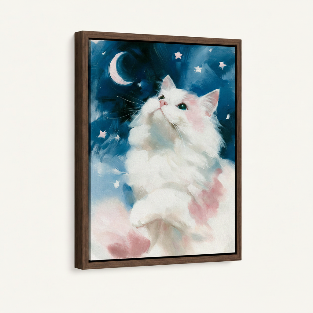 White cat starry night painting in dark walnut float frame on white background mockup