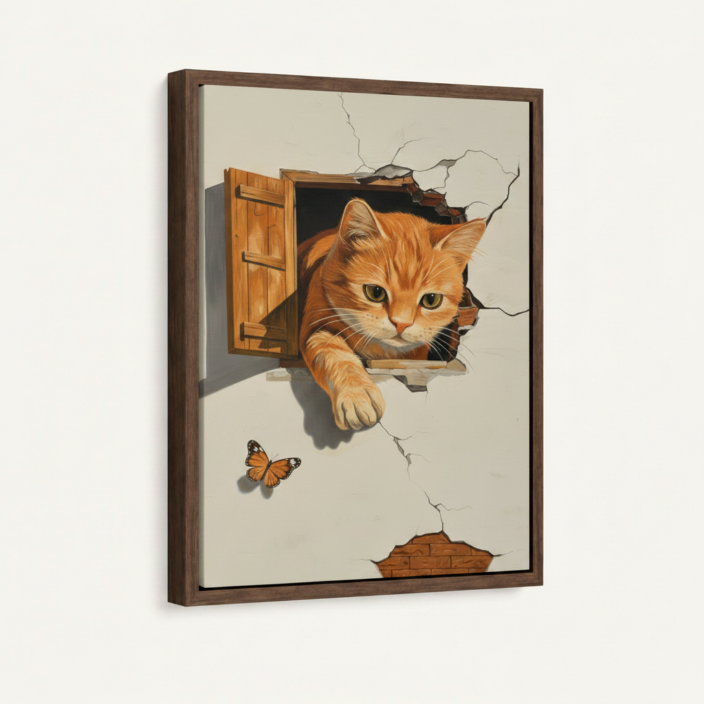 Cat trompe-l'oeil painting in dark walnut float frame, front-facing product shot