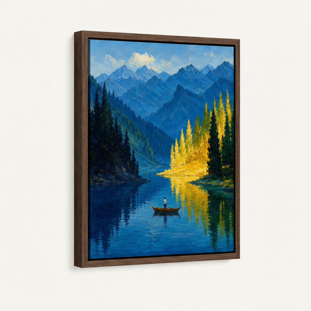 Framed impressionist landscape canvas print, dark walnut floating frame, 3/4 angle view on clean off-white background