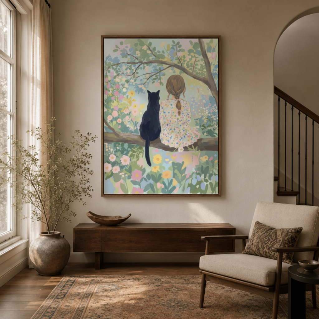 Girl and black cat floral canvas wall art in entryway – dreamy whimsical illustration as soft welcoming hallway statement piece by Aurewall