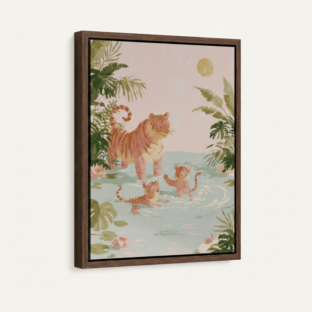 Framed tiger family wall art canvas with dark walnut float frame, tropical jungle illustration