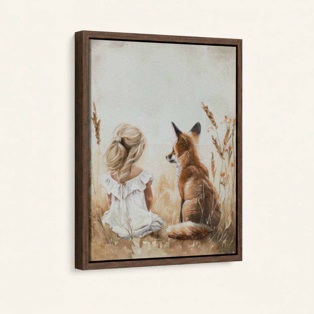 Framed woodland wall art with girl and fox in dark walnut float frame, nursery canvas detail