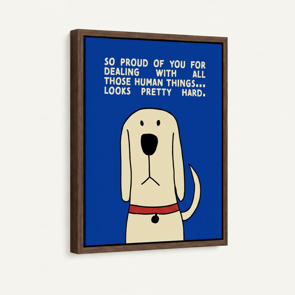 Cream cartoon dog with red collar in warm brown float frame, front-facing product shot