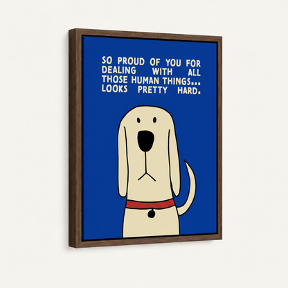 Cream cartoon dog with red collar in warm brown float frame, front-facing product shot