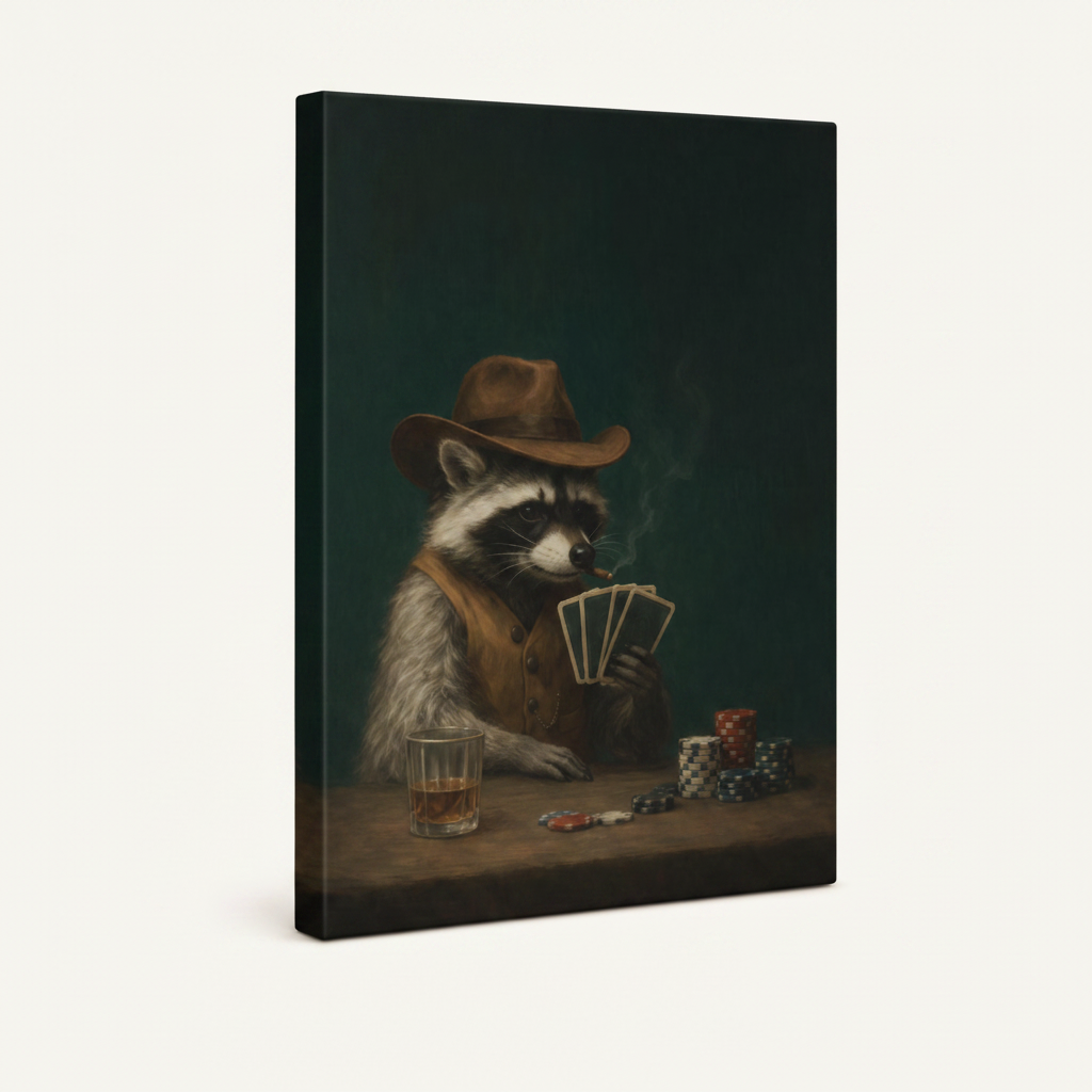 Gallery wrap raccoon cowboy  painting canvas with clean painted edges on off-white background
