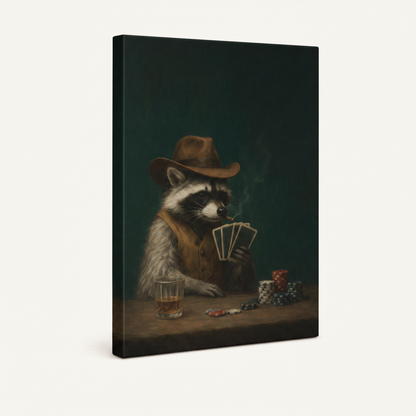 Gallery wrap raccoon cowboy  painting canvas with clean painted edges on off-white background