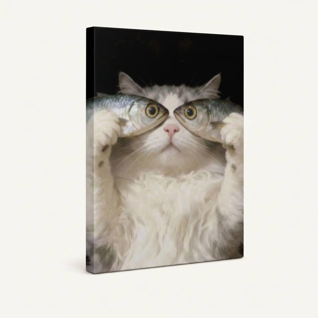 Funny cat fish gallery wrap canvas, portrait orientation white background product mockup
