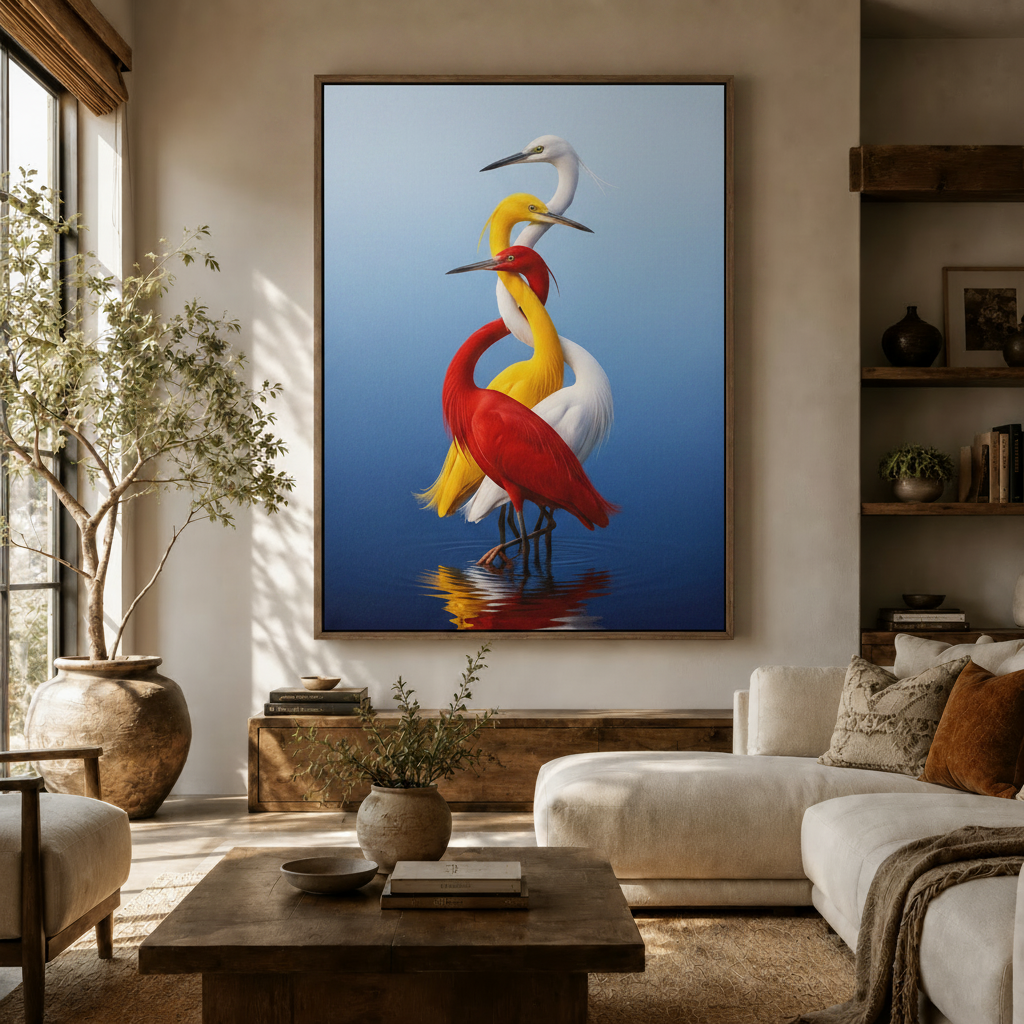 Large bold heron canvas wall art in bright modern living room with neutral decor