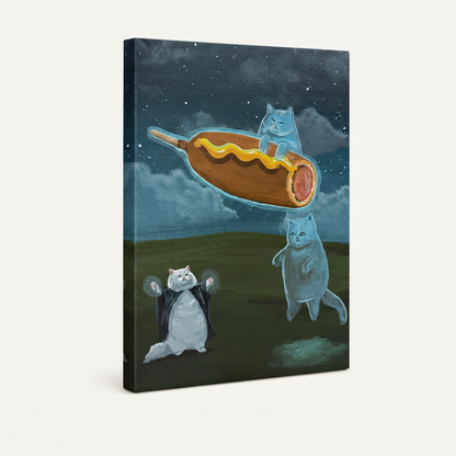 Stretched canvas gallery wrap of ghost cat whimsical wall art, side angle view on cream background