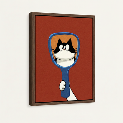 Cartoon cat holding mirror in dark walnut float frame, front-facing product photography