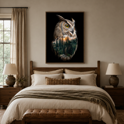 Moody owl forest canvas print in bedroom – surreal double exposure wildlife wall art above bed by Aurewall