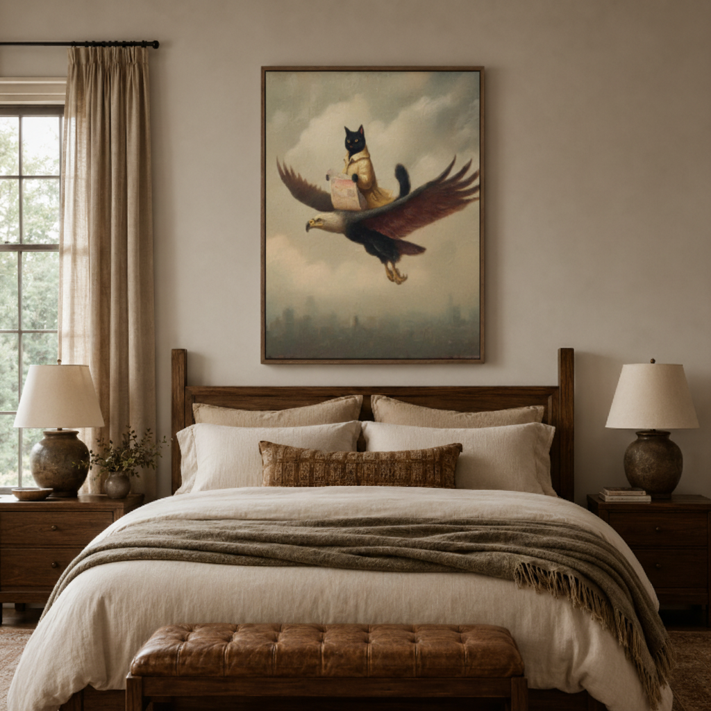 Surreal squirrel riding eagle canvas wall art bedroom detail – close-up of classical oil painting showing squirrel perched on eagle in golden clouds by Aurewall
