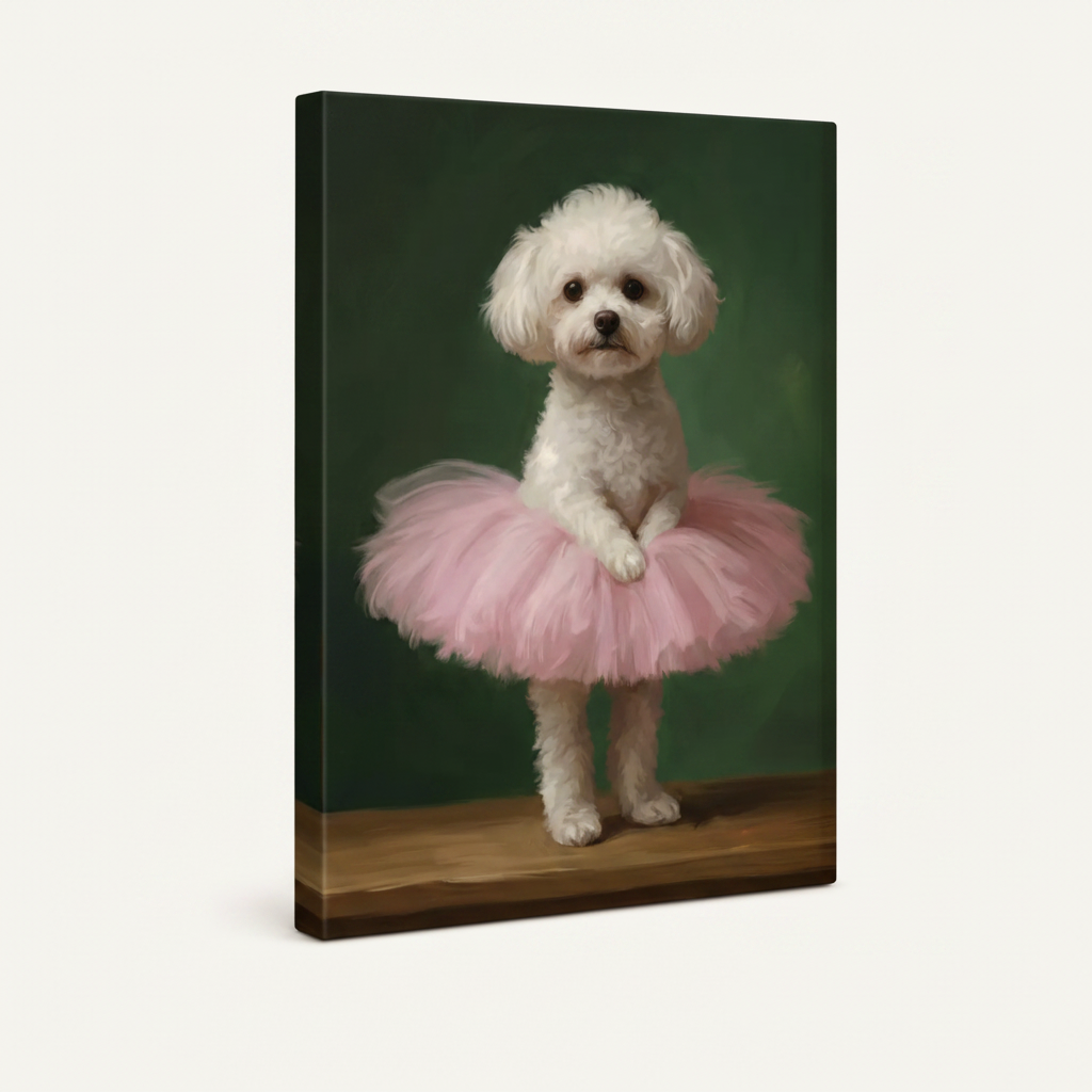 Gallery wrapped Bichon Frise dog ballerina canvas art, frameless stretched canvas side view
