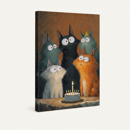 Side view of stretched canvas showing gallery-wrap depth with five birthday cats artwork on warm brown background