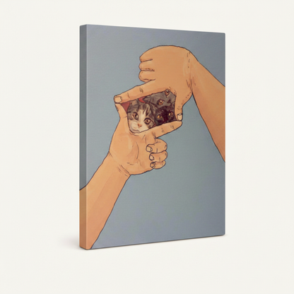 Stretched gallery wrap canvas with hands-framing-cats illustration on clean white background