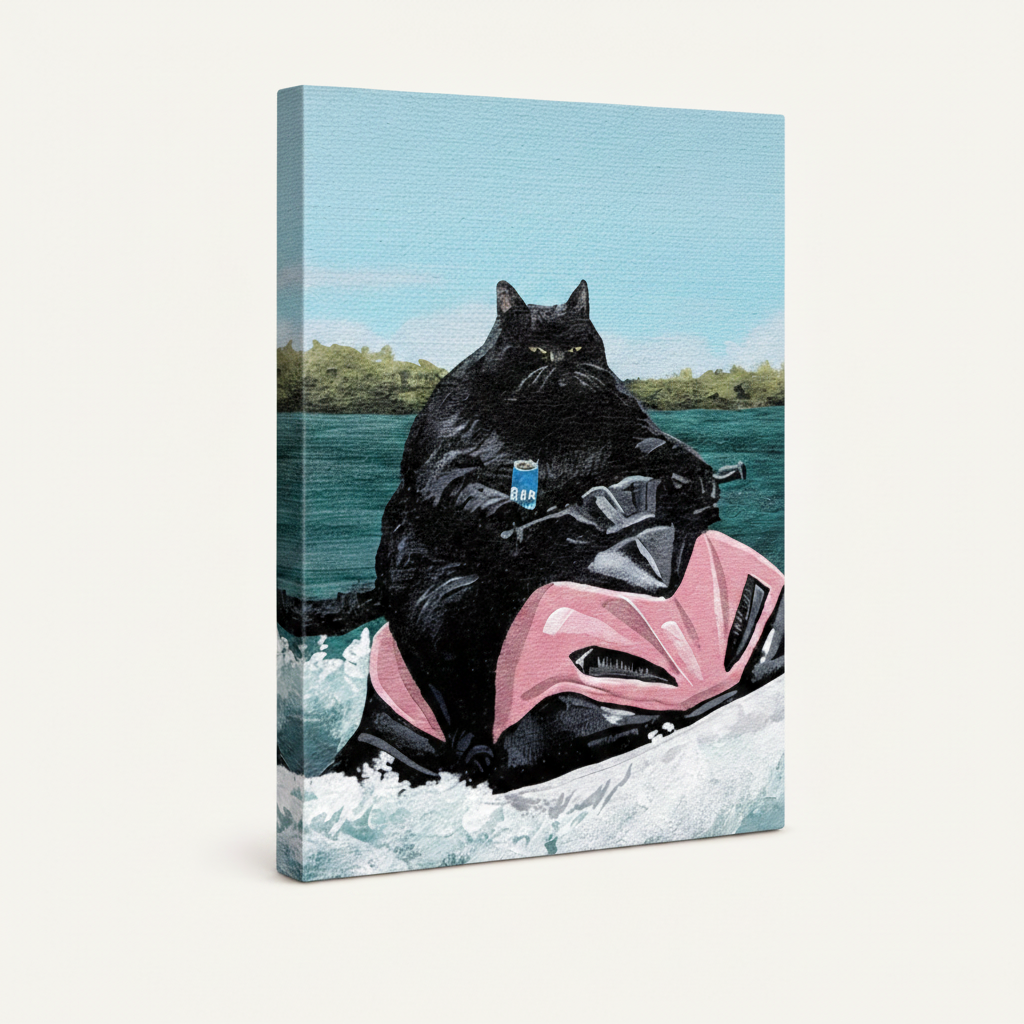 Funny cat canvas gallery wrap with jet ski scene, portrait orientation white background mockup