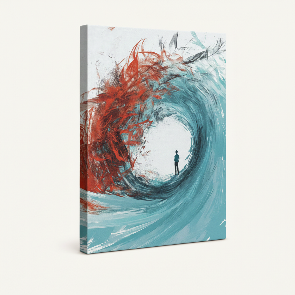 Stretched canvas abstract swirl painting showing side depth and edge wrap, white background