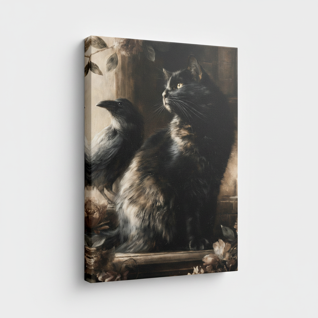 Gothic black cat raven stretched canvas print – unframed dark moody oil painting with raven and floral baroque elements by Aurewall