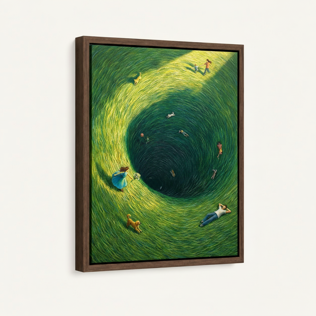  Framed surrealist canvas art with dark walnut float frame on clean white background product shot