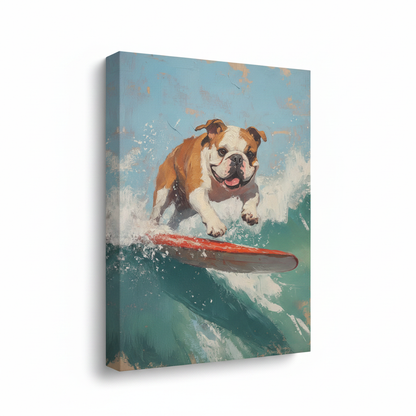Gallery-wrap stretched canvas of surfing bulldog, side edges showing wave painting wrap, white background
