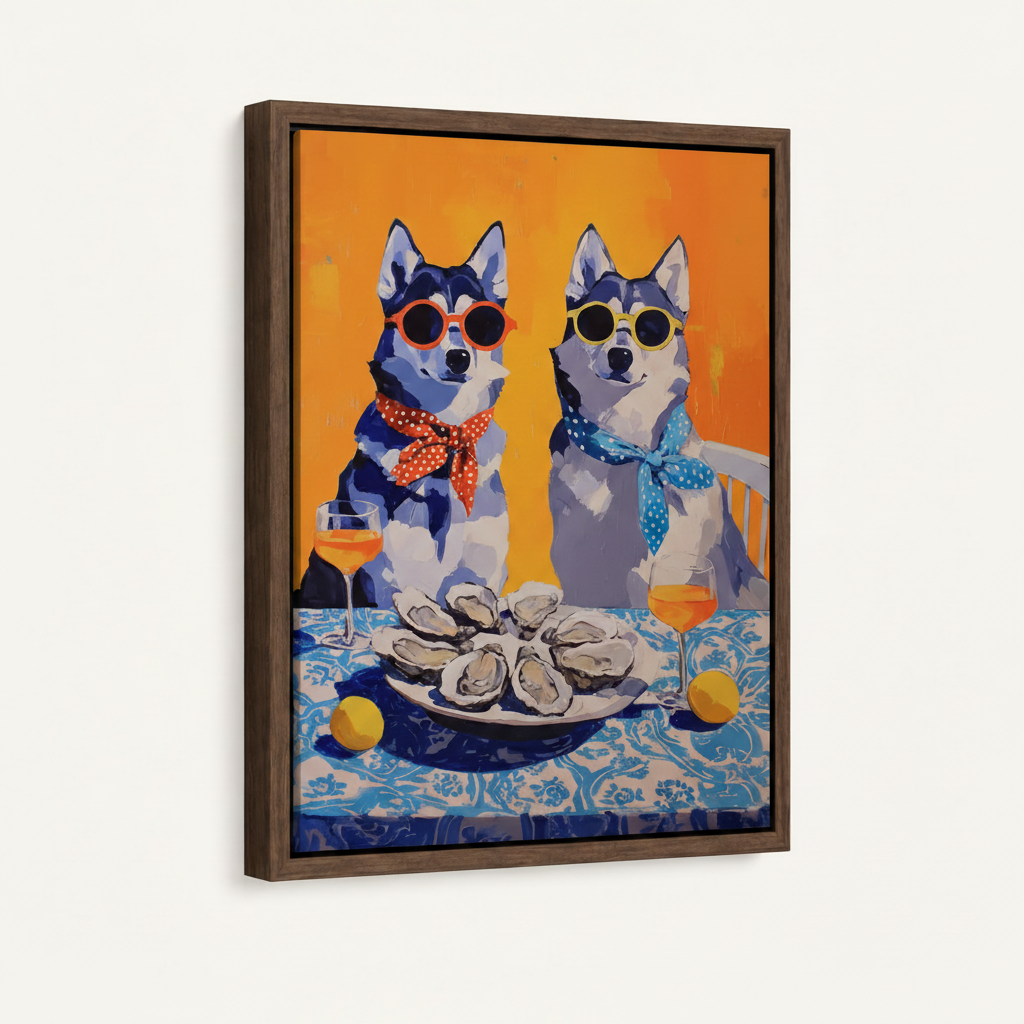 Framed husky dogs oyster bar pop art canvas print product close-up view