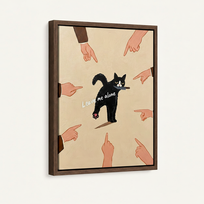 Framed funny cat oil painting canvas, dark walnut floating frame, 3/4 angle view on clean off-white background