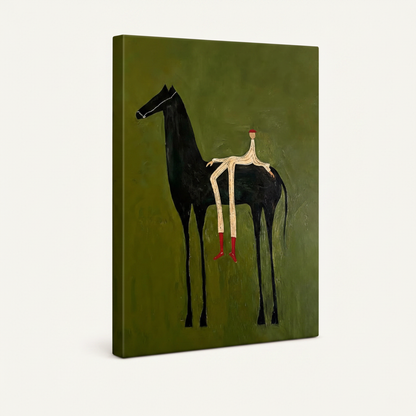 Gallery wrap canvas of olive green horse painting, frameless angled view showing wrapped edges