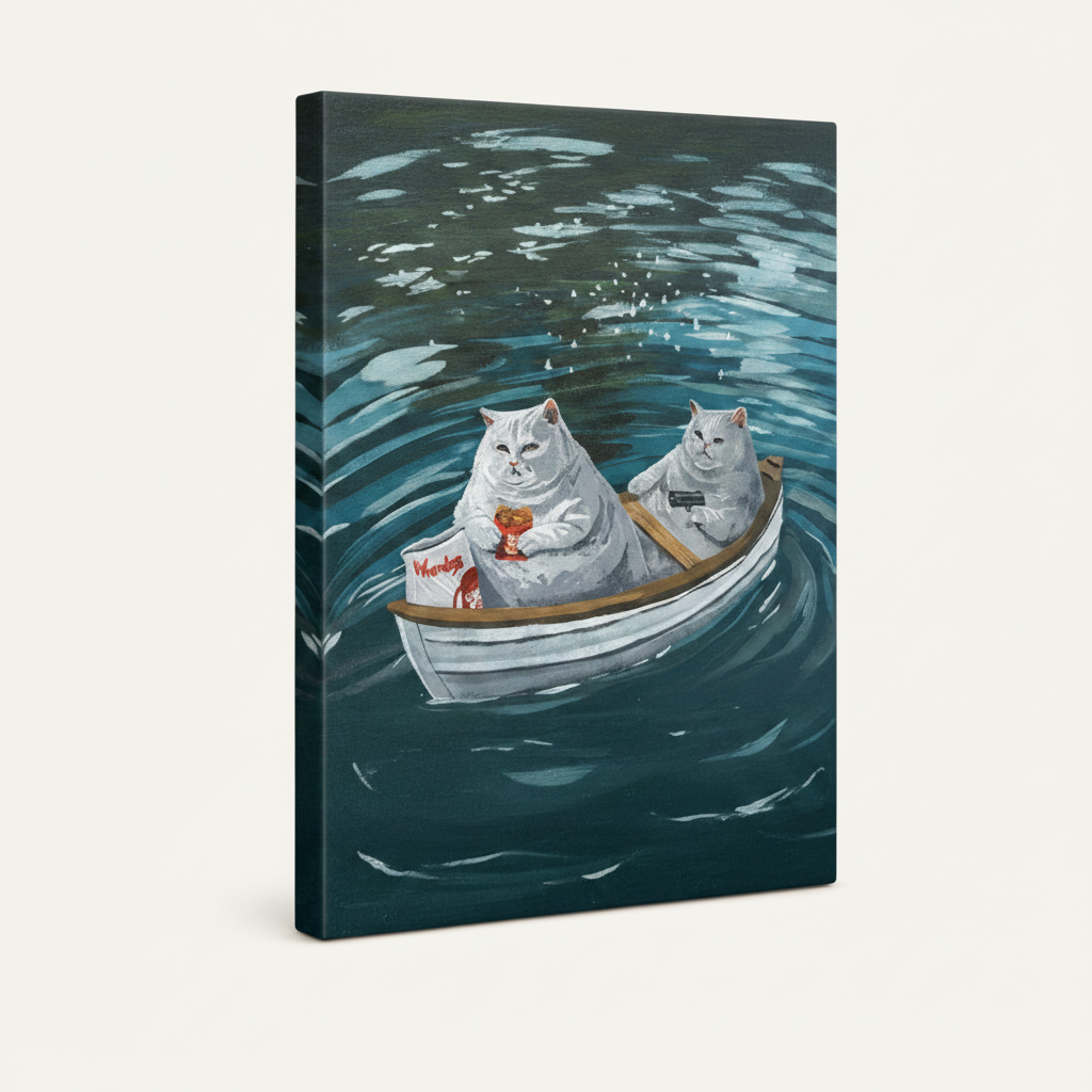 Stretched canvas gallery wrap of chubby cats boat art, side angle view on cream background