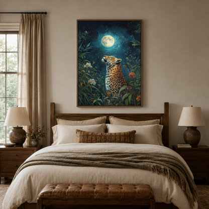 Moody leopard jungle canvas print in bedroom – dark wildlife night painting with moonlight above bed by Aurewall