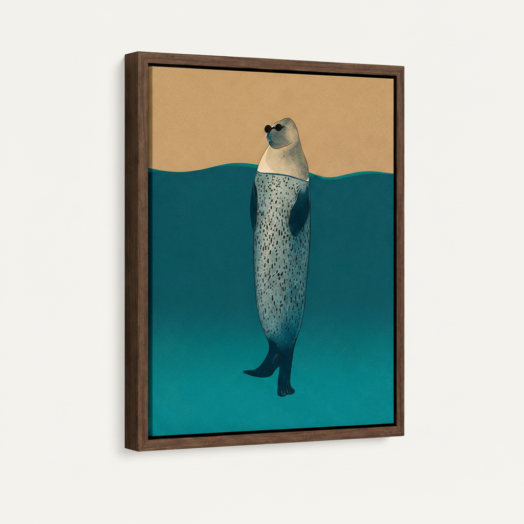 Framed minimalist seal canvas print, dark walnut floating frame, 3/4 angle view on clean off-white wall