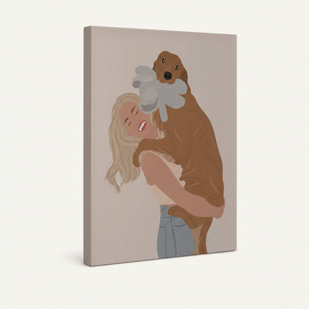 Gallery-wrapped dog lover canvas showing blush side wrap detail on clean white background