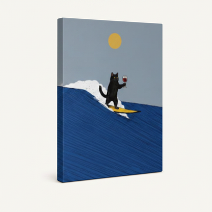 Funny coastal cat canvas painting gallery wrap showing deep blue ocean wrap on canvas sides