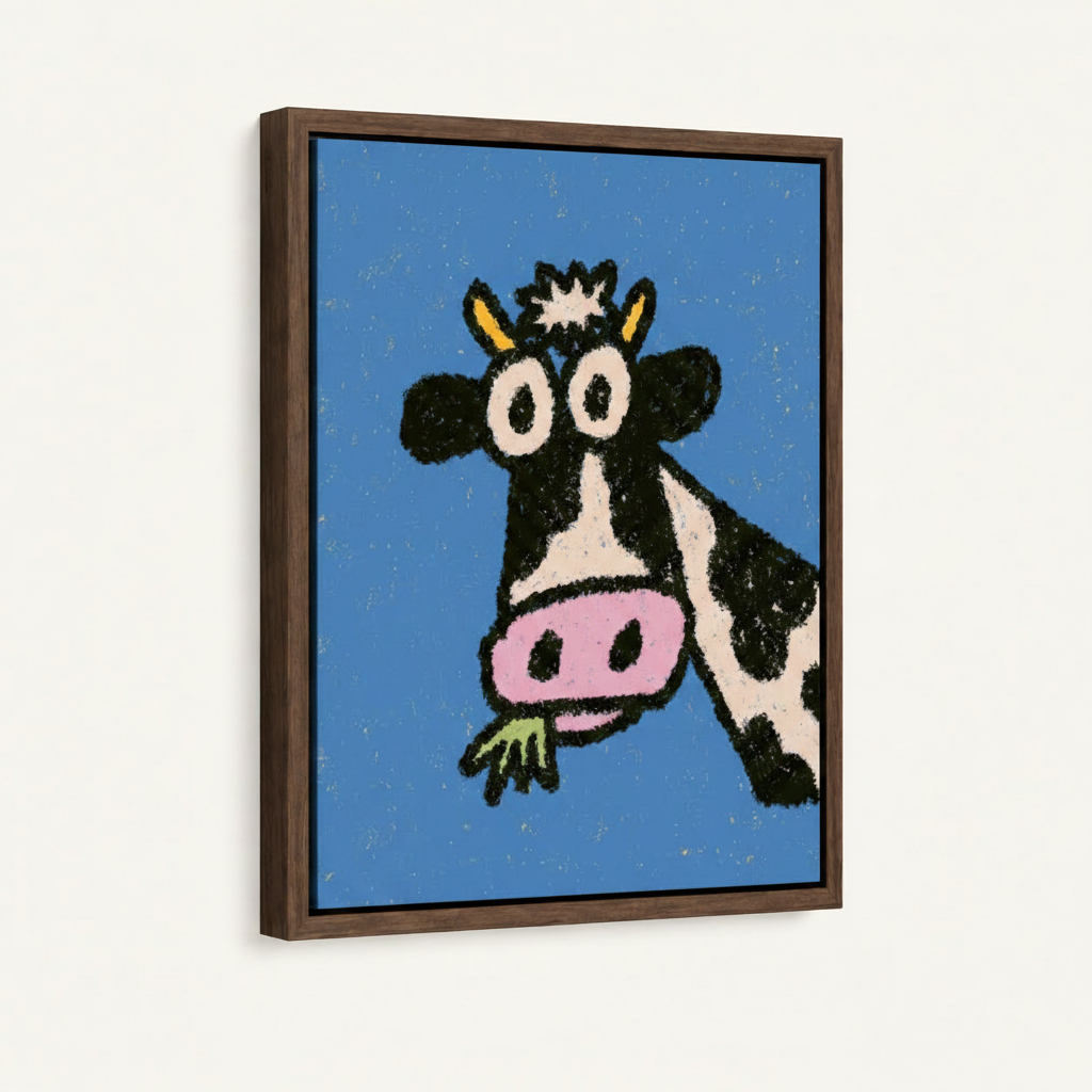 Pop art cow canvas print in dark walnut float frame with uniform black gap, angled product view on white background
