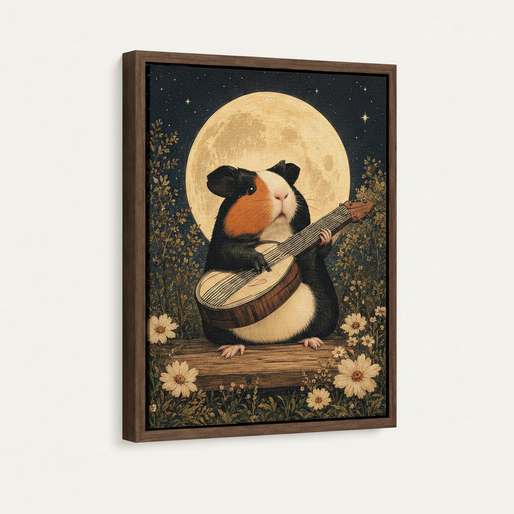 Framed canvas print with dark walnut float frame featuring whimsical moonlight banjo guinea pig art