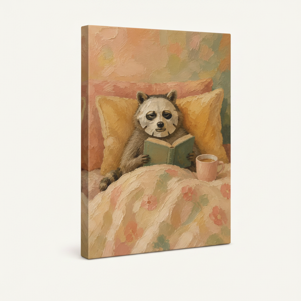 Stretched canvas raccoon reading wall art, frameless wrap with peach and blush impasto texture, angled view