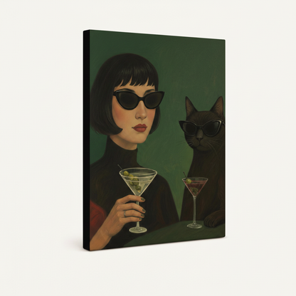 Gallery wrapped canvas featuring vintage lady and black cat martini art, angled product view