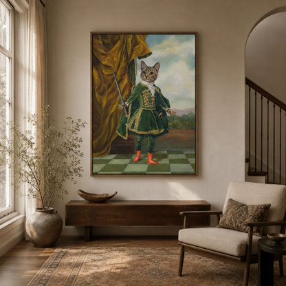 Dapper cat baroque portrait canvas wall art study detail – close-up of classical oil painting showing cat face green velvet coat and red stockings texture by Aurewall