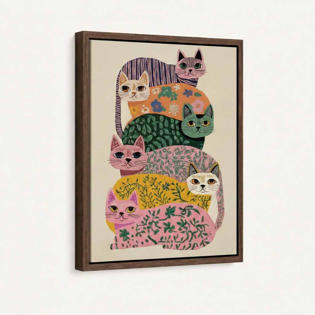 Gallery wrap canvas print of stacked folk art cats with floral and leaf patterns, side view