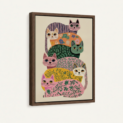 Gallery wrap canvas print of stacked folk art cats with floral and leaf patterns, side view