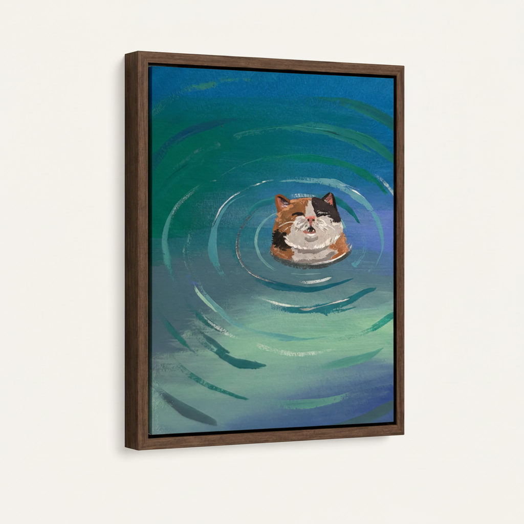 Calico cat in water with ripples in warm brown float frame, front-facing product shot