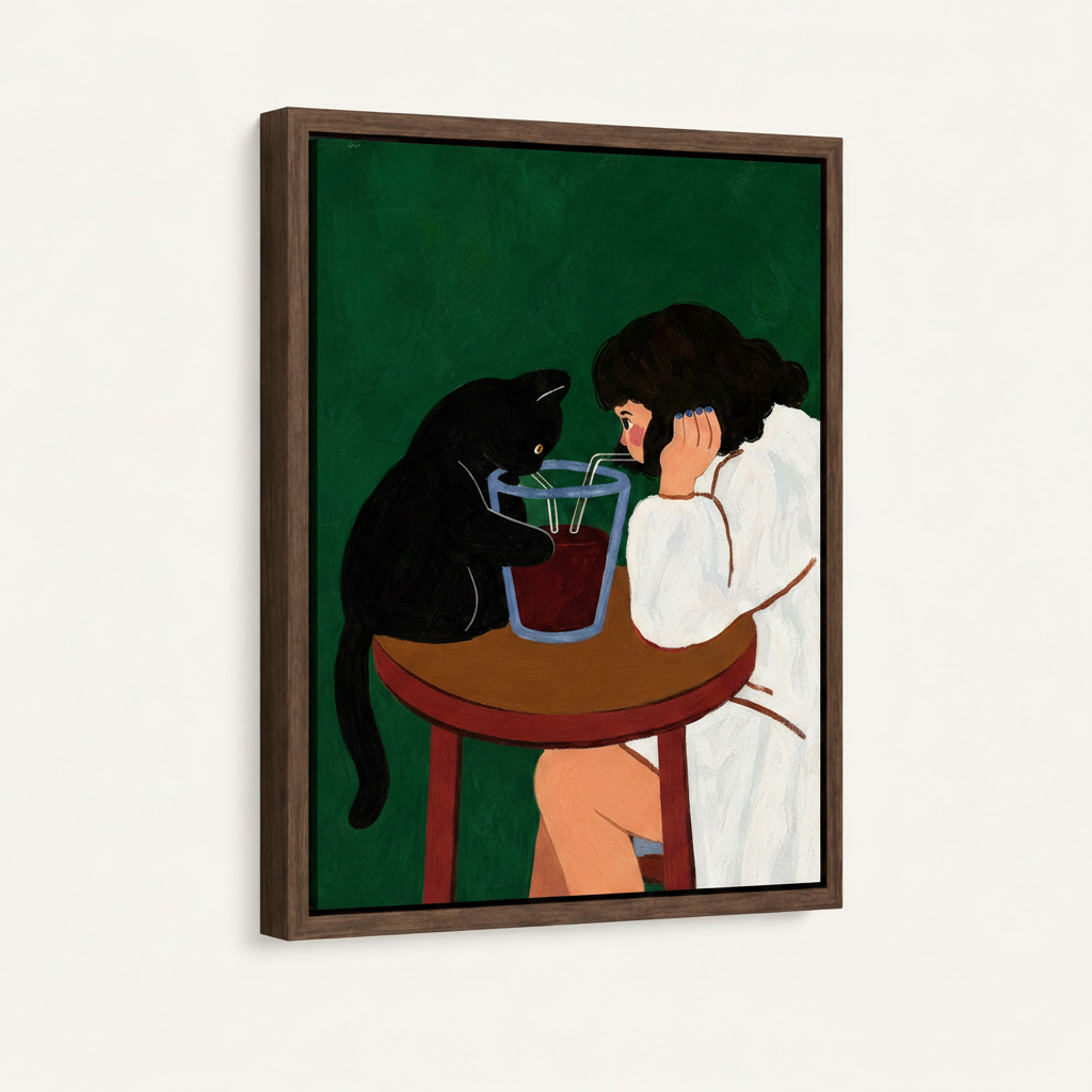 Black cat girl illustration canvas in dark walnut float frame, 3/4 angle product view on white background