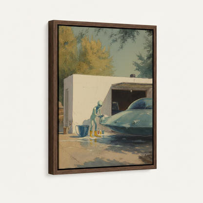 Framed watercolor canvas print with dark walnut float frame featuring alien washing flying saucer art