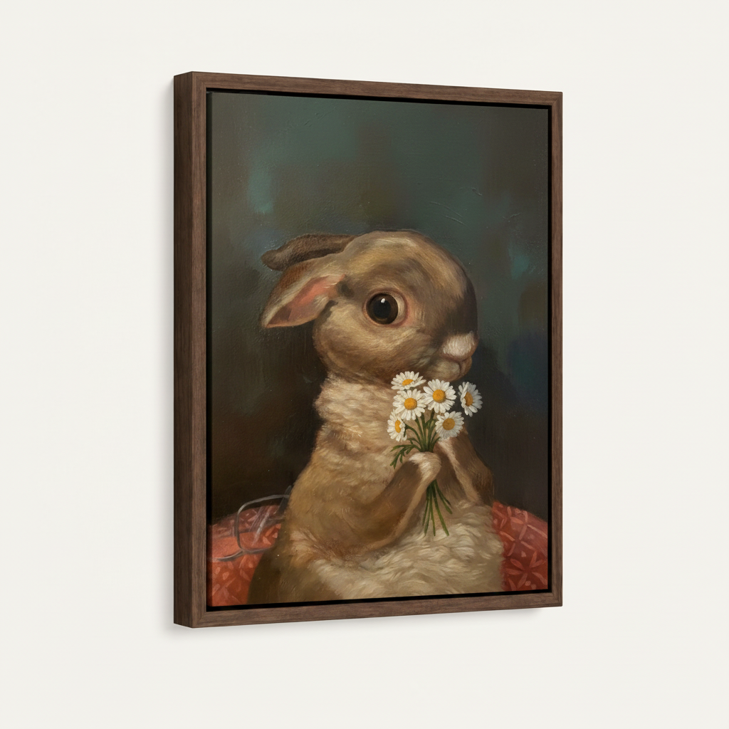  Rabbit with daisies oil painting in dark walnut float frame with uniform black gap, angled product view