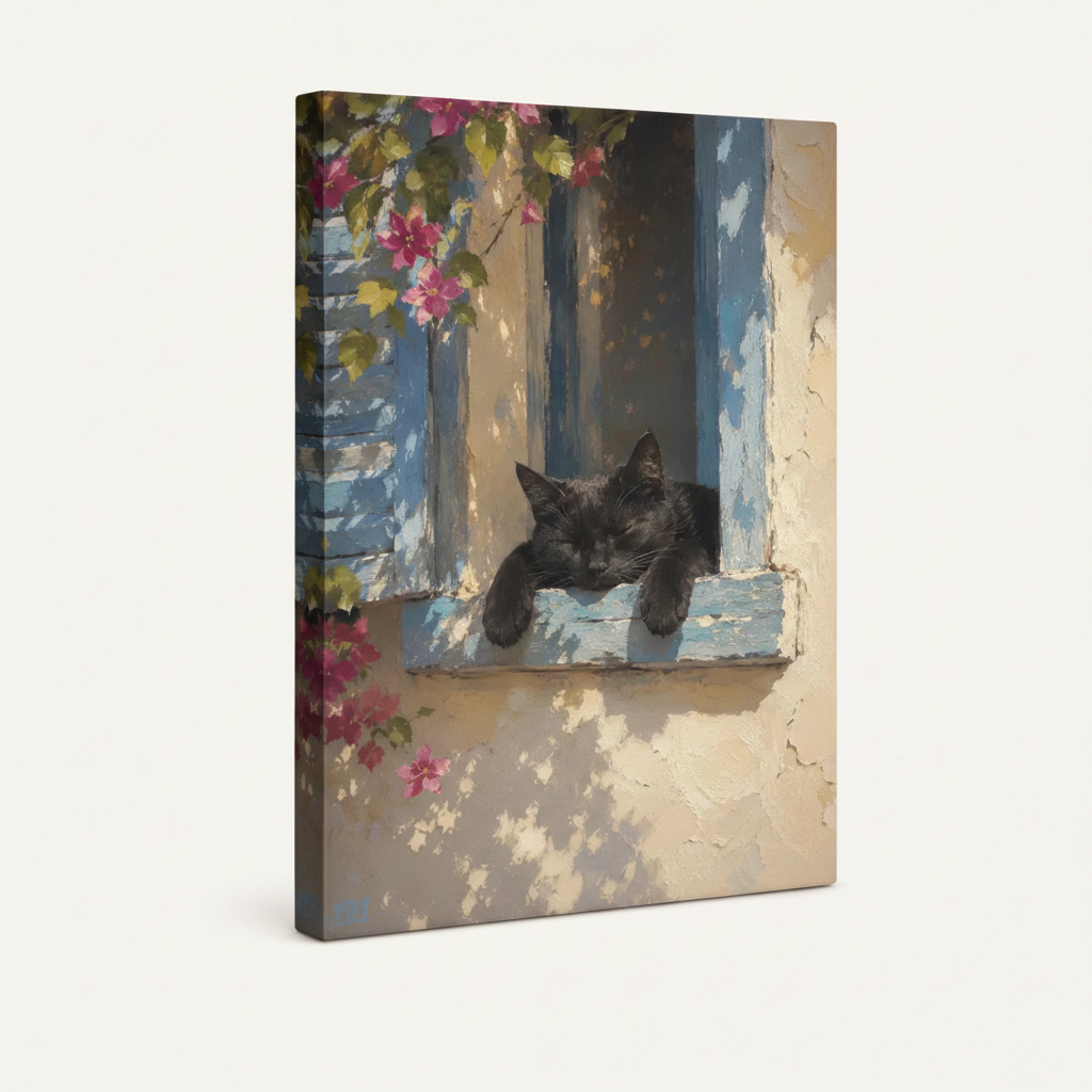 Gallery-wrapped black cat oil painting canvas with visible side wrap, white background product shot